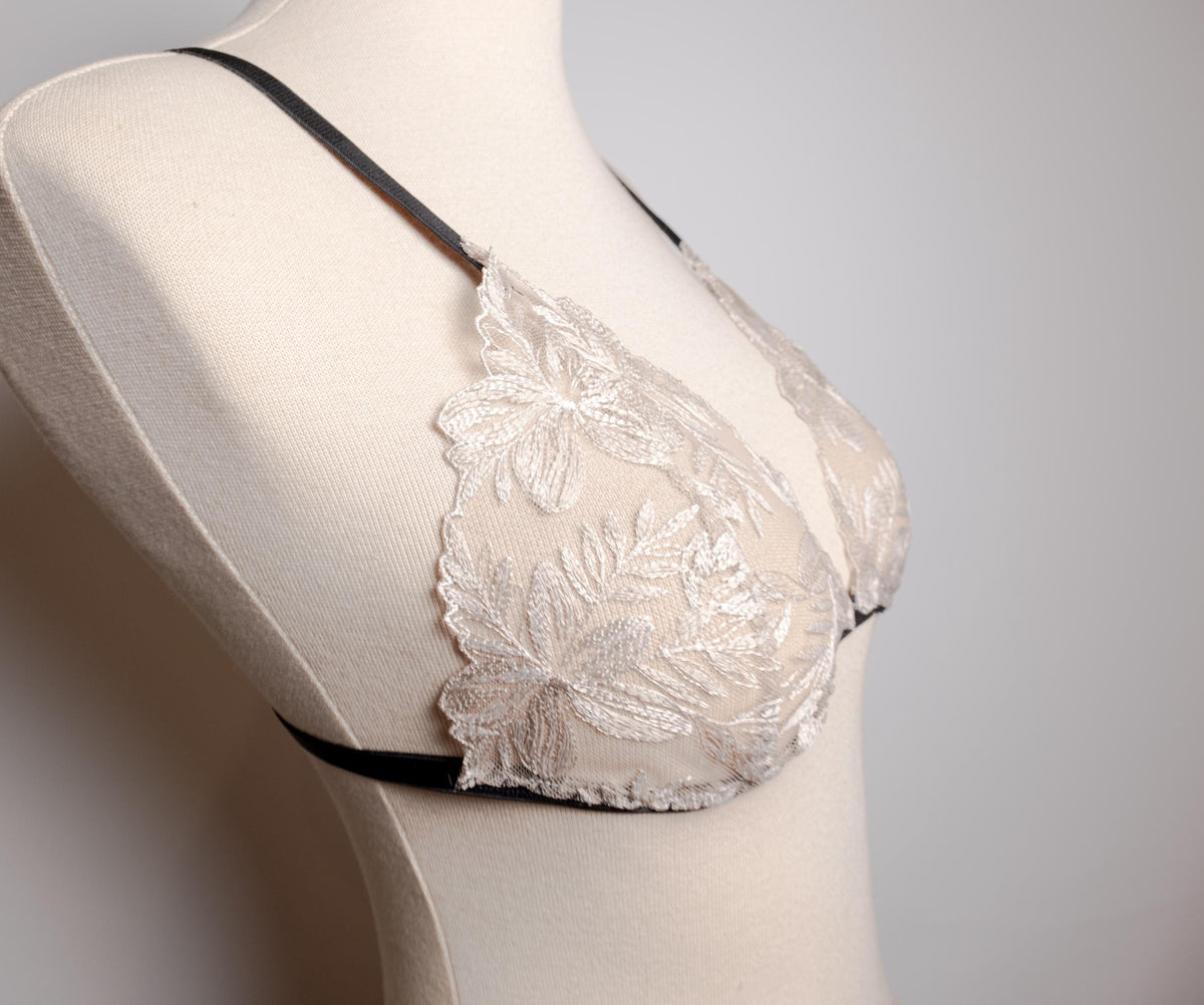 Handmade in İstanbul Ivory Floral Lace Lingerie Set, Handmade Sheer Bra and Thong