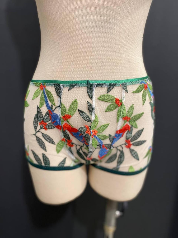Embroidered Mesh Men’s Boxer Brief | Luxury Sheer Underwear with Bird Embroidery | Handmade Designer Lingerie | Unique Gift