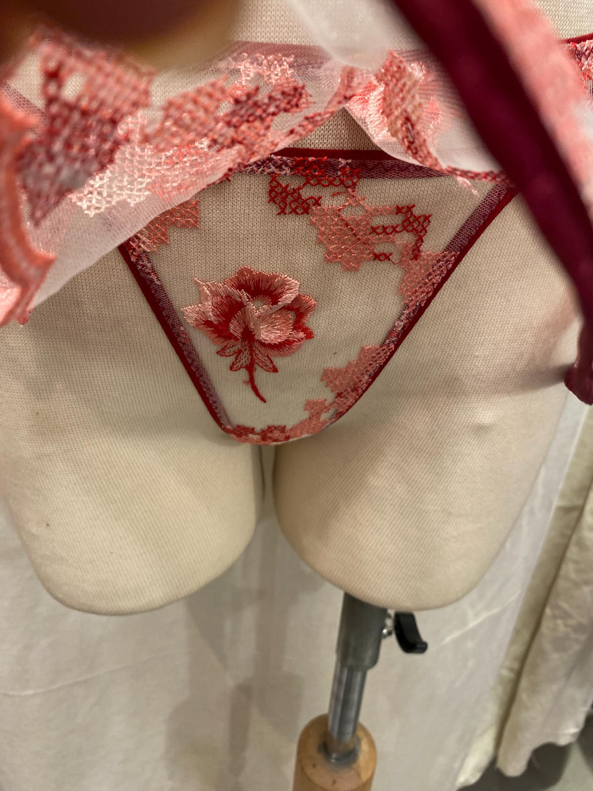Red Sheer Lingerie Set, Embroidered Mesh Bralette, Bridal Lingerie Set