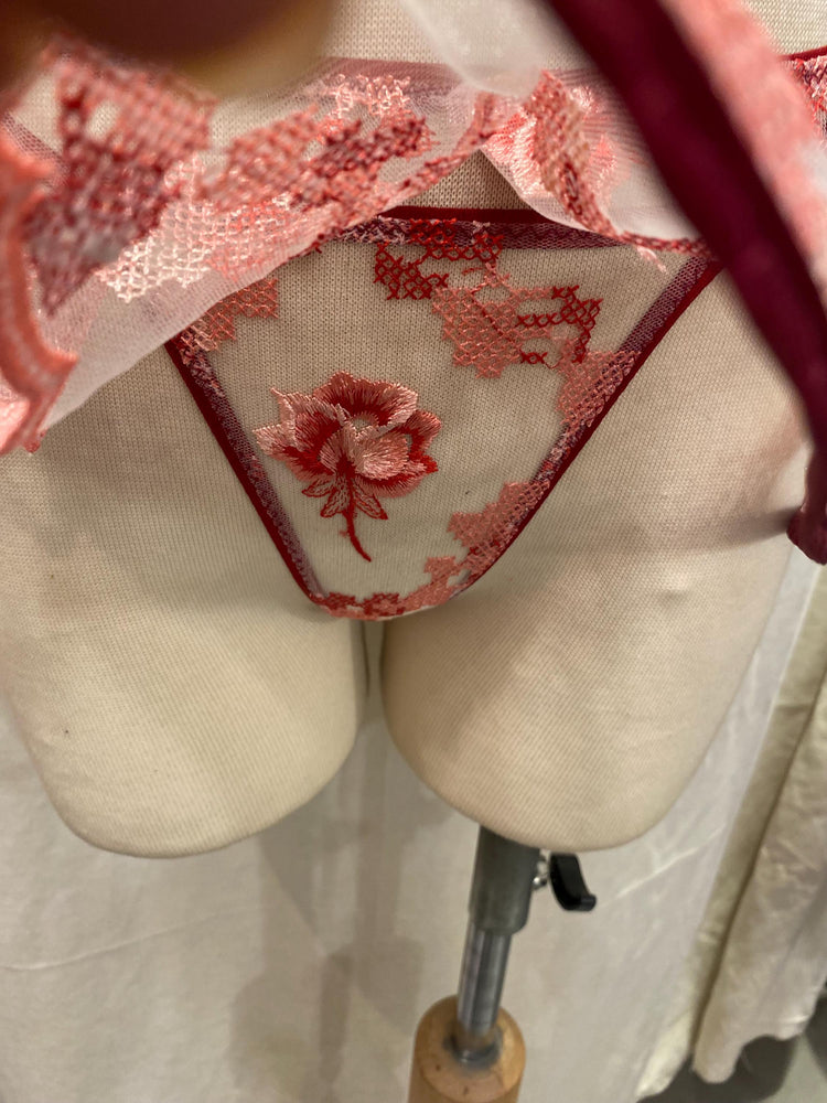 Red Sheer Lingerie Set, Embroidered Mesh Bralette, Bridal Lingerie Set