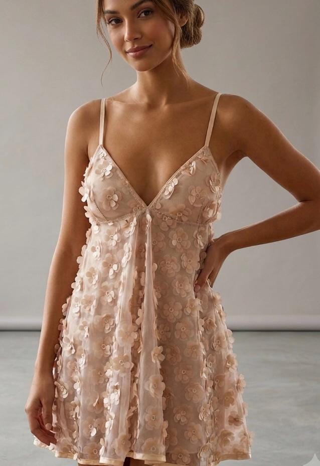 Luxury Floral Babydoll Lingerie Set, 3D Flower Sheer Mesh Nightgown, Bridal Lingerie, Honeymoon Gift, Handmade Lingerie, Ivory Nude