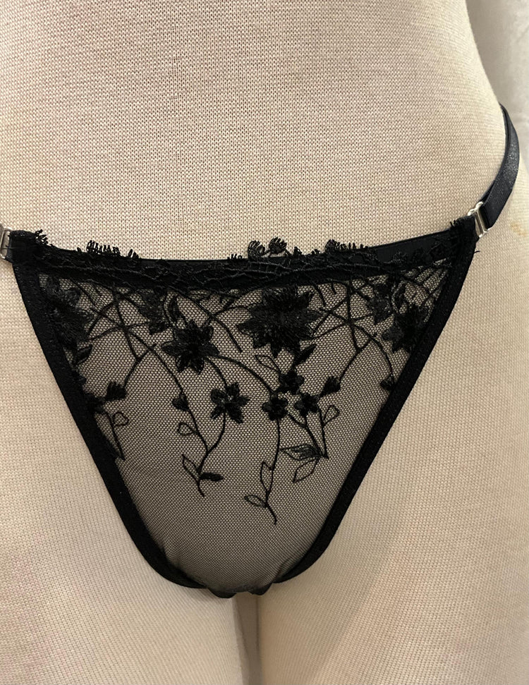 Handmade in İstanbul Black Sheer Embroidered Thong