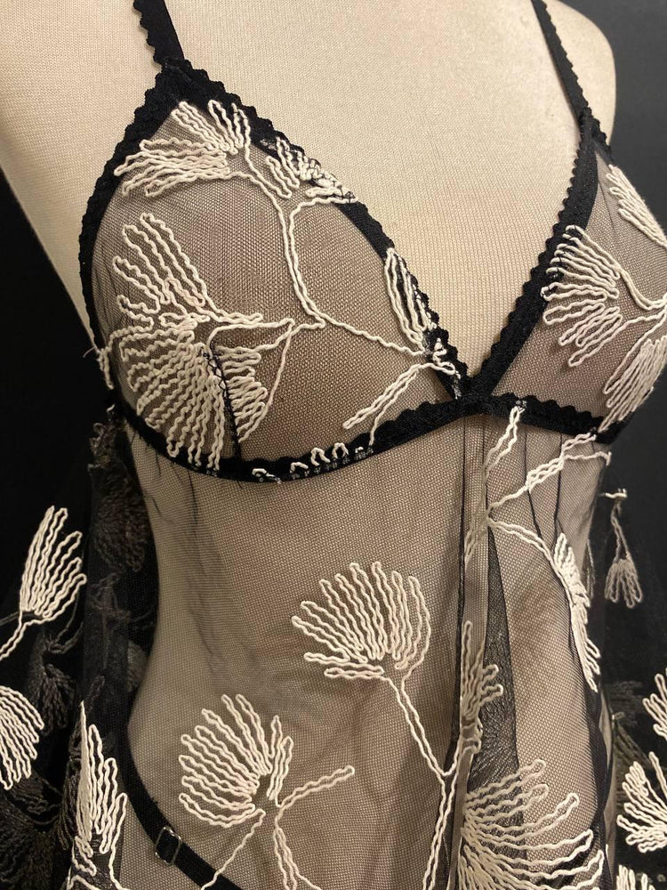 Sheer Black Embroidered Babydoll Dress, Floral Tulle Lingerie - Handmade Boudoir Sleepwear