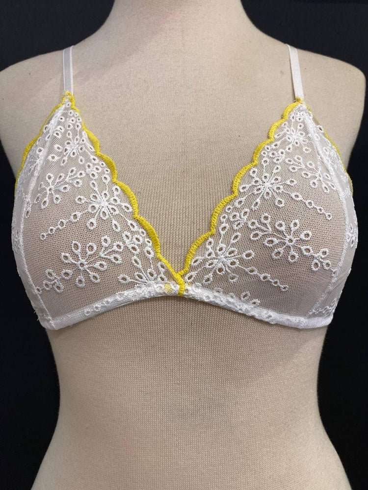 White Floral Lace Bralette, Handmade Soft Triangle Bra