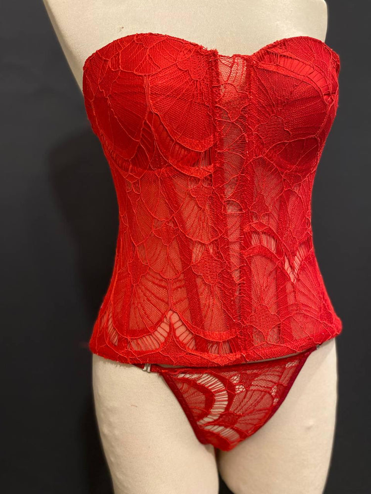 Red Lace Corset and Thong Set, Gothic Victorian Bustier,Bridal Lingerie
