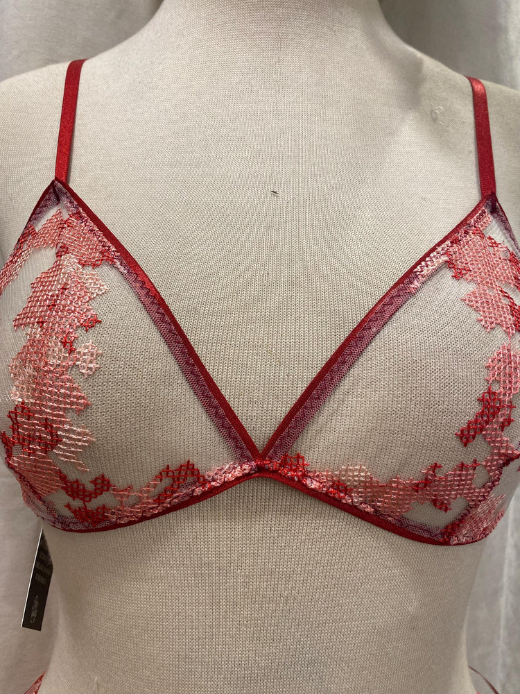 Red Sheer Lingerie Set, Embroidered Mesh Bralette, Bridal Lingerie Set