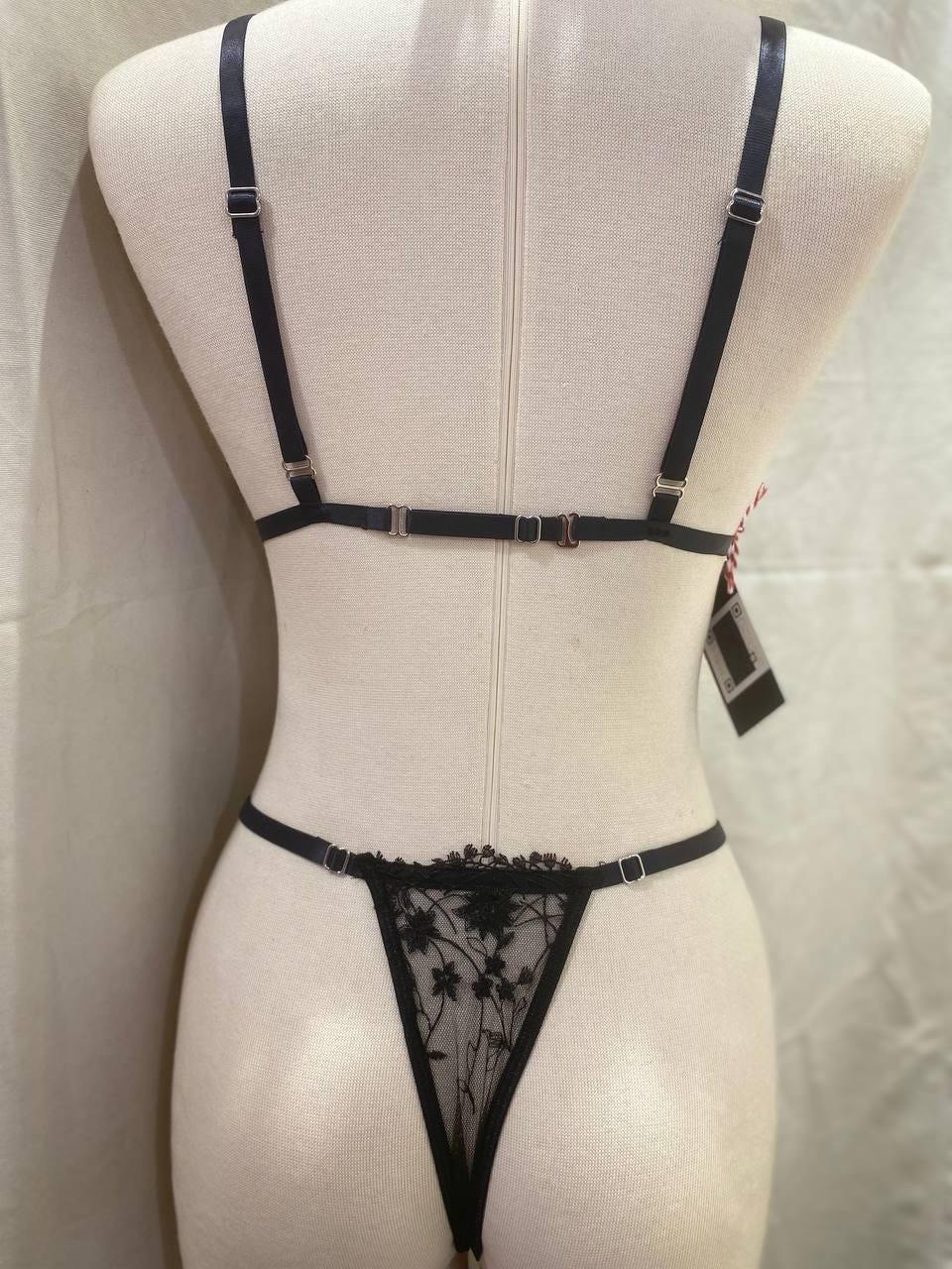 Handmade Black Floral Lace Lingerie Set,Sheer Triangle Bra and Thong