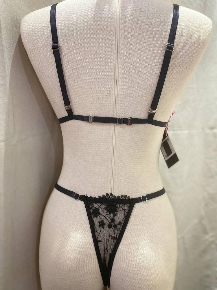 Handmade Black Floral Lace Lingerie Set,Sheer Triangle Bra and Thong