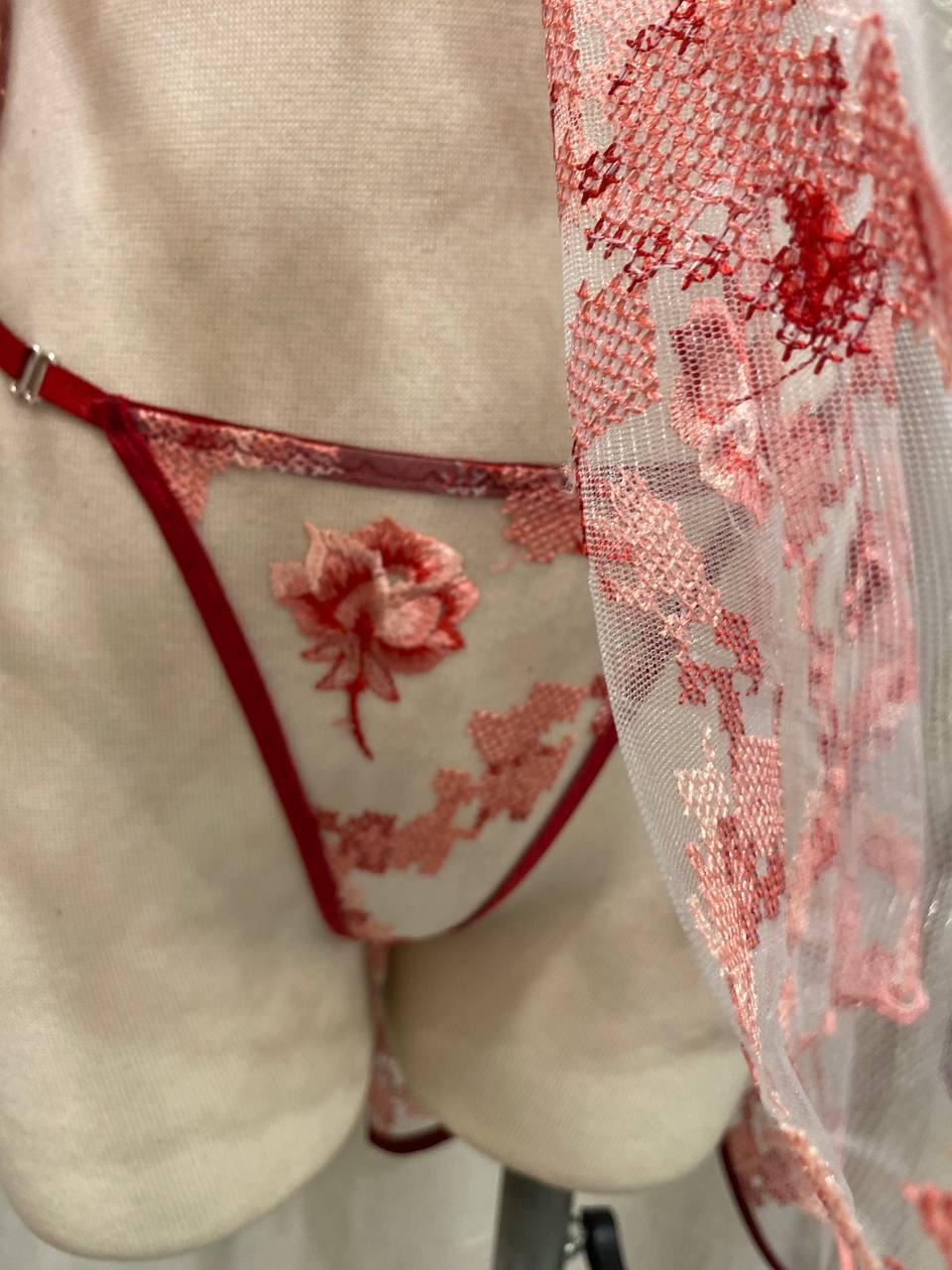 Handmade in İstanbul Red Floral Lingerie Set, Sheer Mesh Babydoll, Embroidered Bridal Lingerie, Adjustable Thong, Honeymoon Nightdress Gift