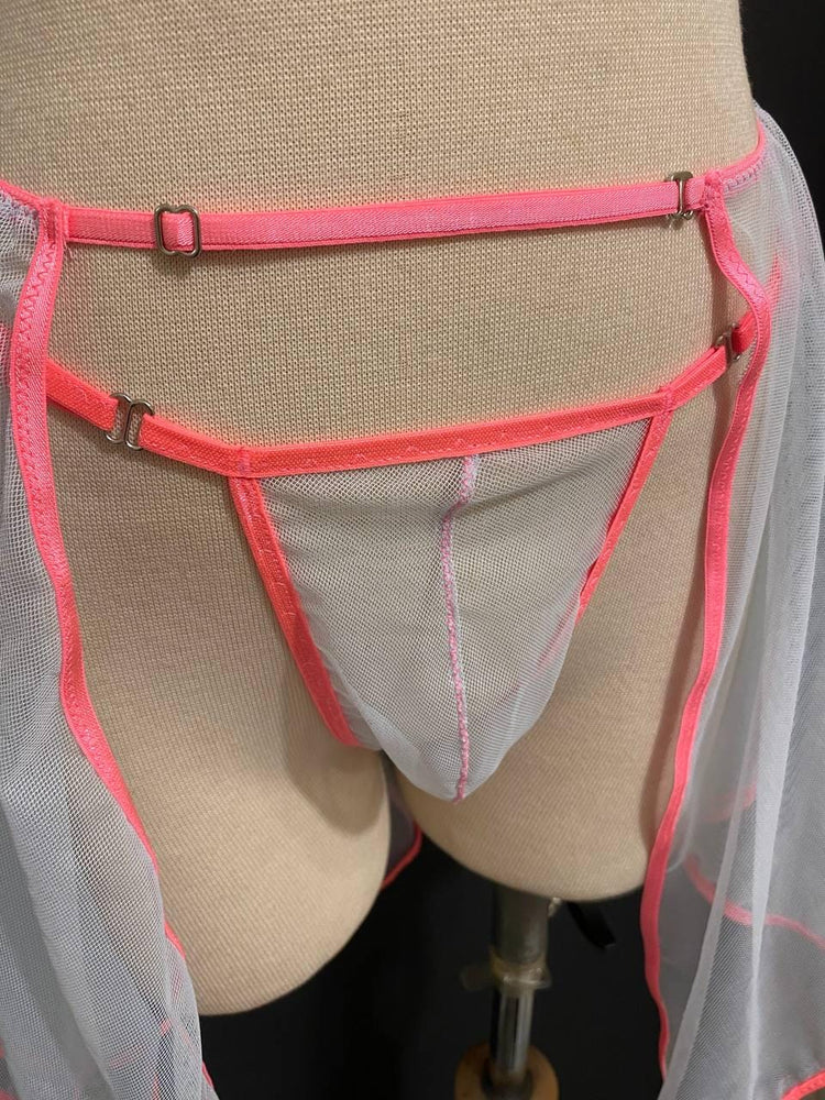 Baby Blue Sheer Skirted Thong | Adjustable Neon Pink Mesh Lingerie | Gender Inclusive Handmade Lingerie | Beyond Labels