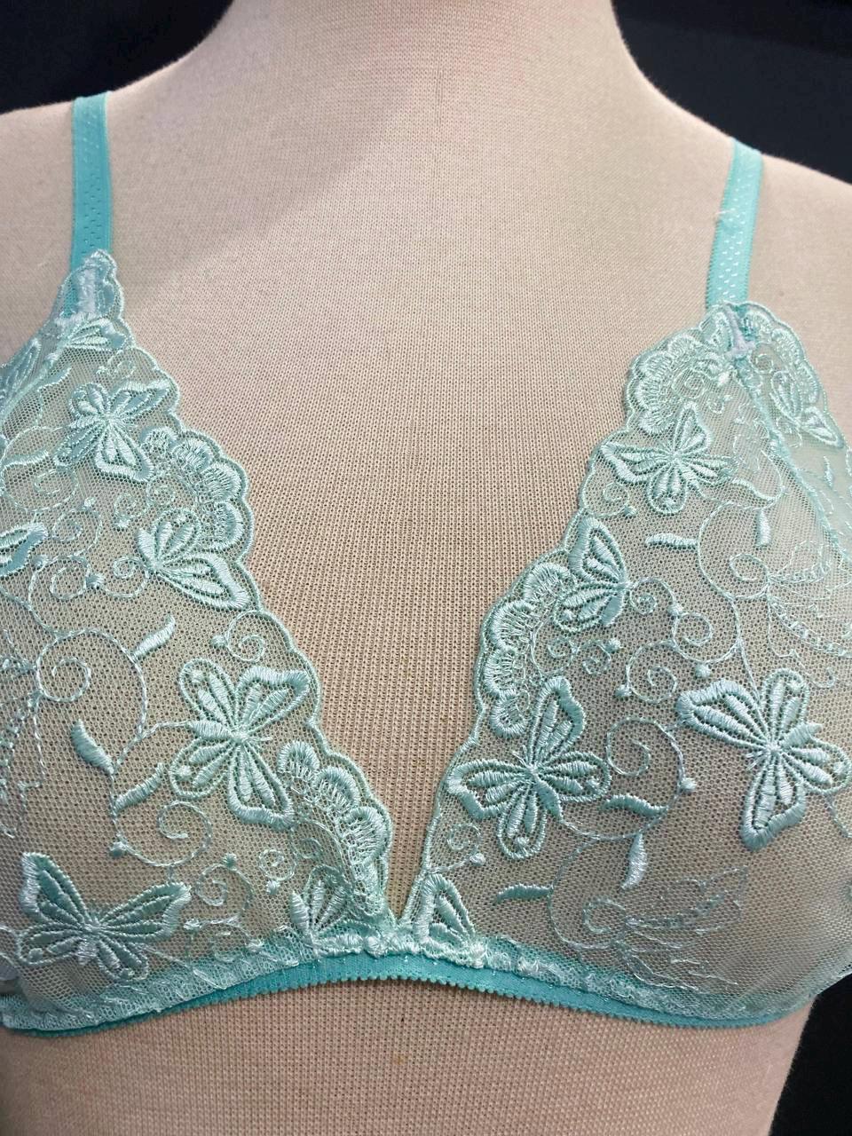 Aqua Blue Butterfly Lace Lingerie Set, Sheer Bralette Thong, Handmade Bridal Boudoir