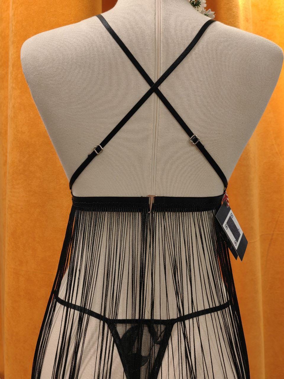 Handmade Black Lace Fringe Lingerie Set – Embroidered Floral 1920’s dress