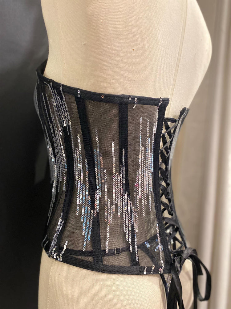 Black Sequin Sheer Corset Top, Strapless Sweetheart Bustier, Festival Lingerie