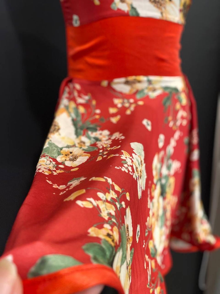 Red Floral Cupro Halter Mini Dress, Open Back, Adjustable Straps