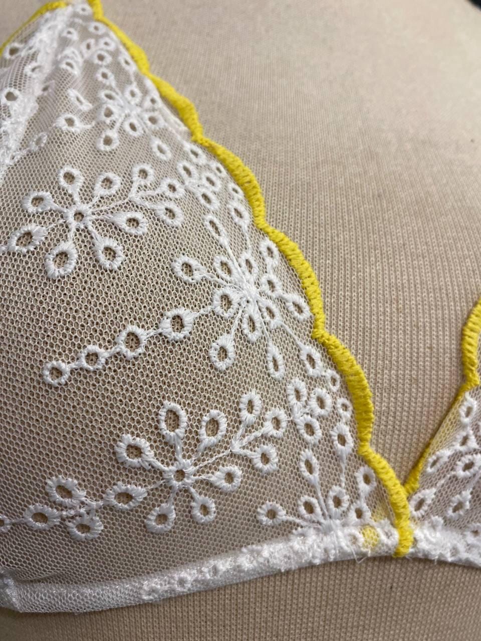 White Floral Lace Bralette, Handmade Soft Triangle Bra