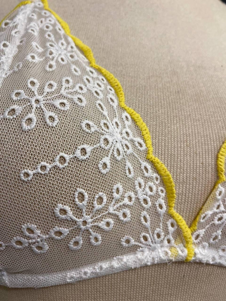 White Floral Lace Bralette, Handmade Soft Triangle Bra