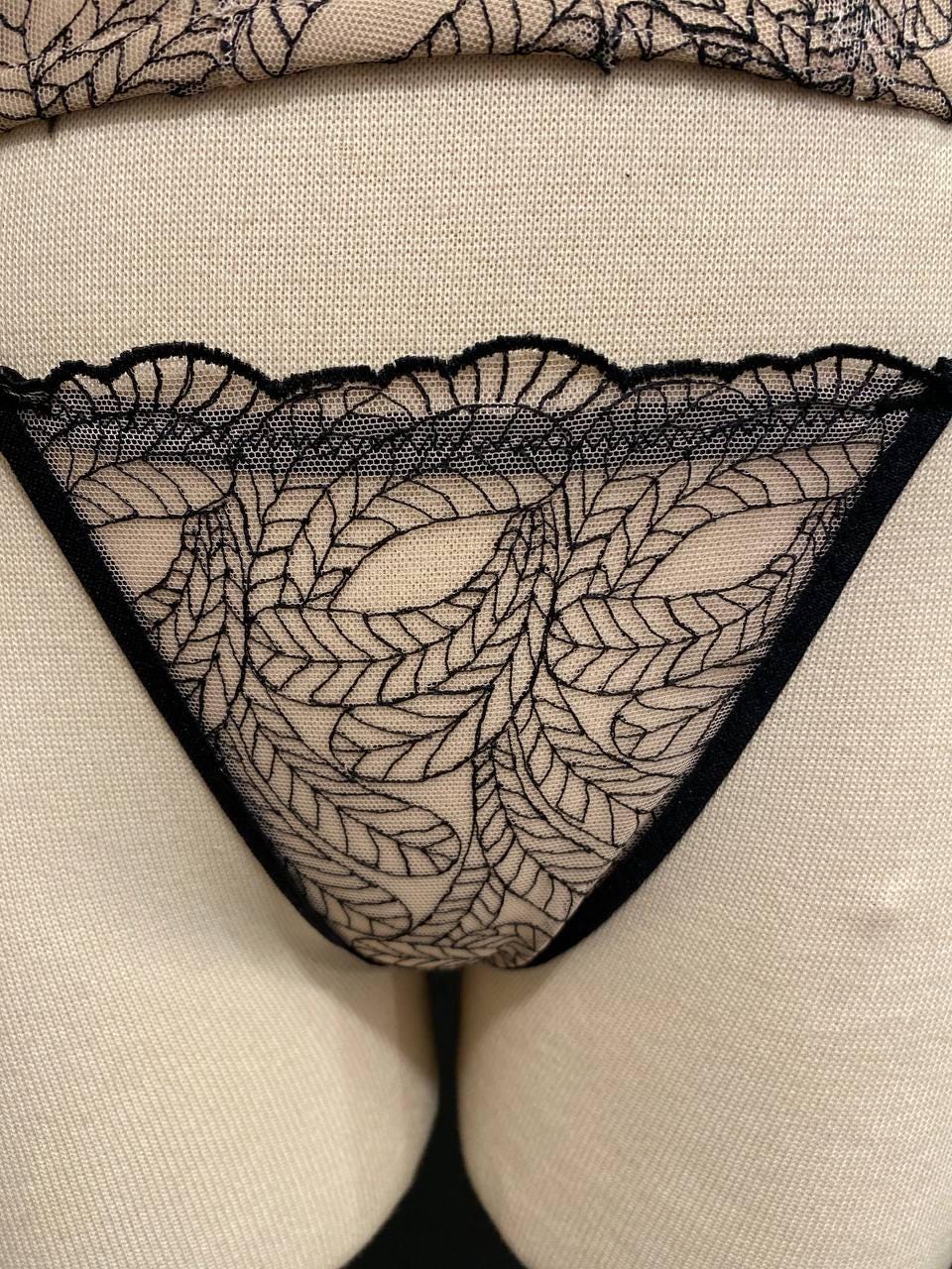 Embroidered Leaf Corset Top with Matching Panty | Nude Mesh Bustier Set | Black Botanical Lace Bodice | Fairycore Gothic Lingerie
