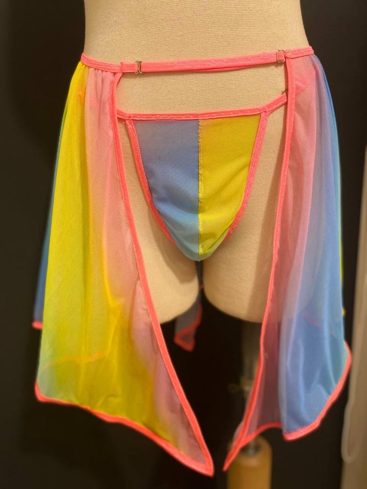Rainbow Sheer Skirted Thong | Adjustable Gender Inclusive Lingerie | Handmade Pride Lingerie | Festival Mesh Underwear | Beyond Labels