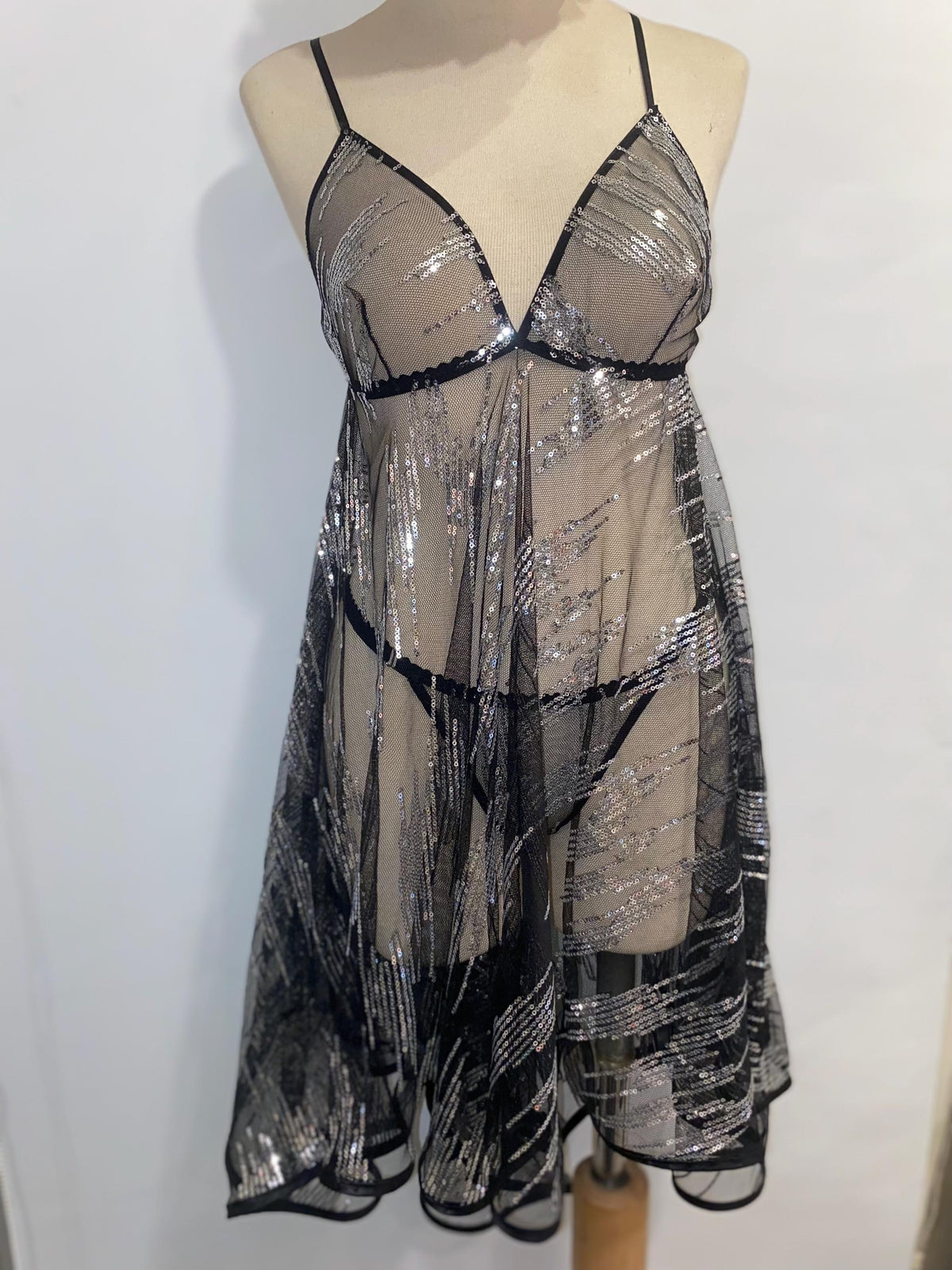 Black Sheer Sequin Babydoll Lingerie Set – Adjustable Thong – Silver Sequin Mesh Nightdress