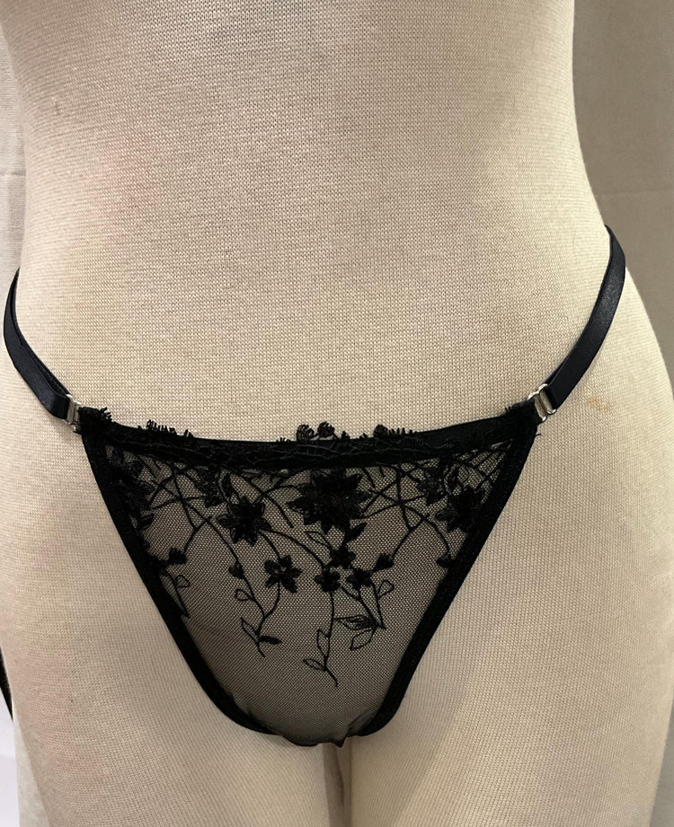 Handmade in İstanbul Black Sheer Embroidered Thong