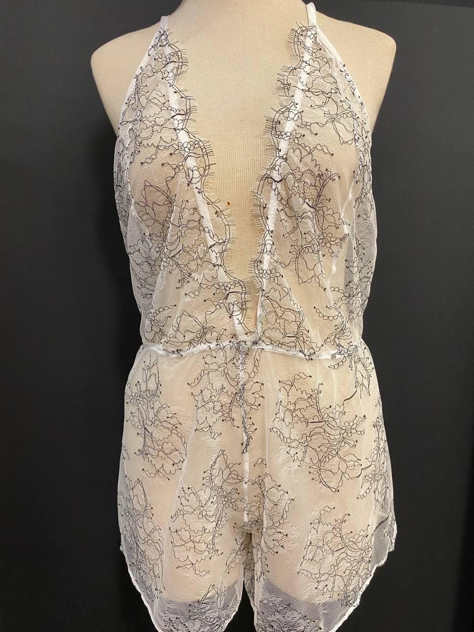 French Eyelash Lace Romper, Bridal Teddy,  Handmade Honeymoon White Lingerie