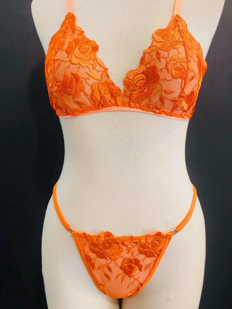 Orange Lace Bralette Set, Handmade Sheer Lingerie, Floral Lace Thong Set, Sexy Lingerie, Festival Underwear, Gift for Her