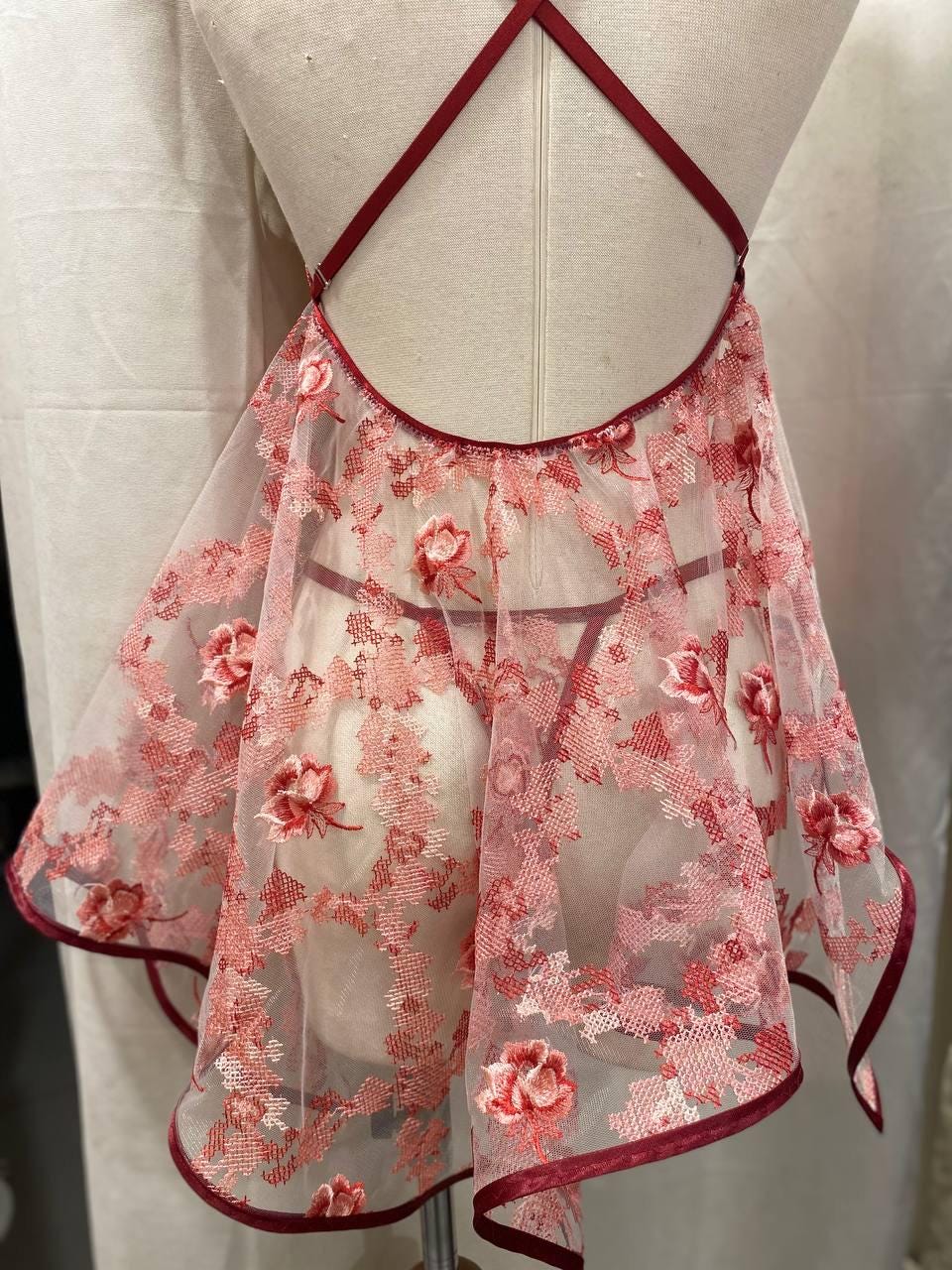 Handmade in İstanbul Red Floral Lingerie Set, Sheer Mesh Babydoll, Embroidered Bridal Lingerie, Adjustable Thong, Honeymoon Nightdress Gift