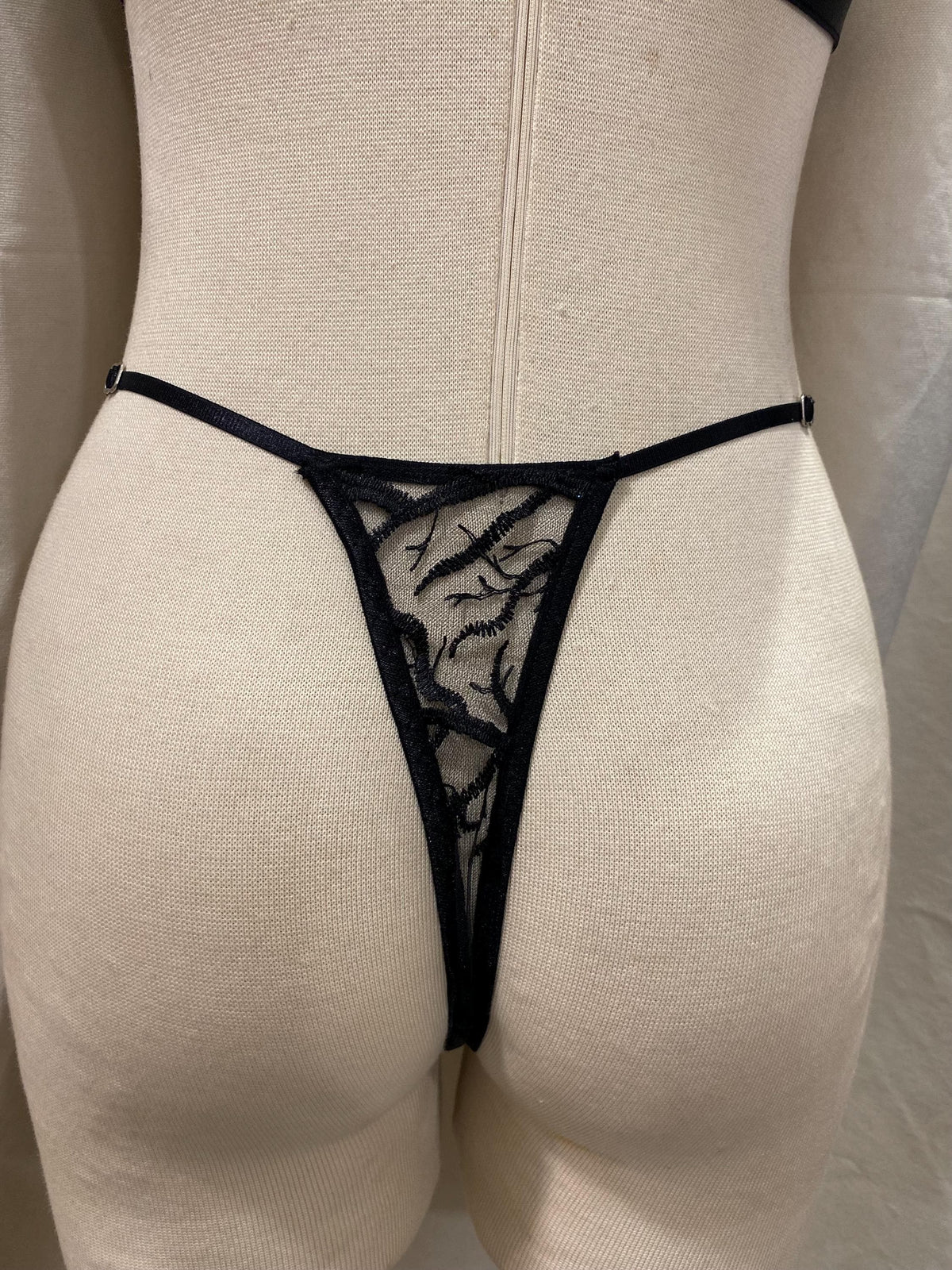 Handmade in İstanbul Black Sheer Mesh Thong with Organic Branch Embroidery