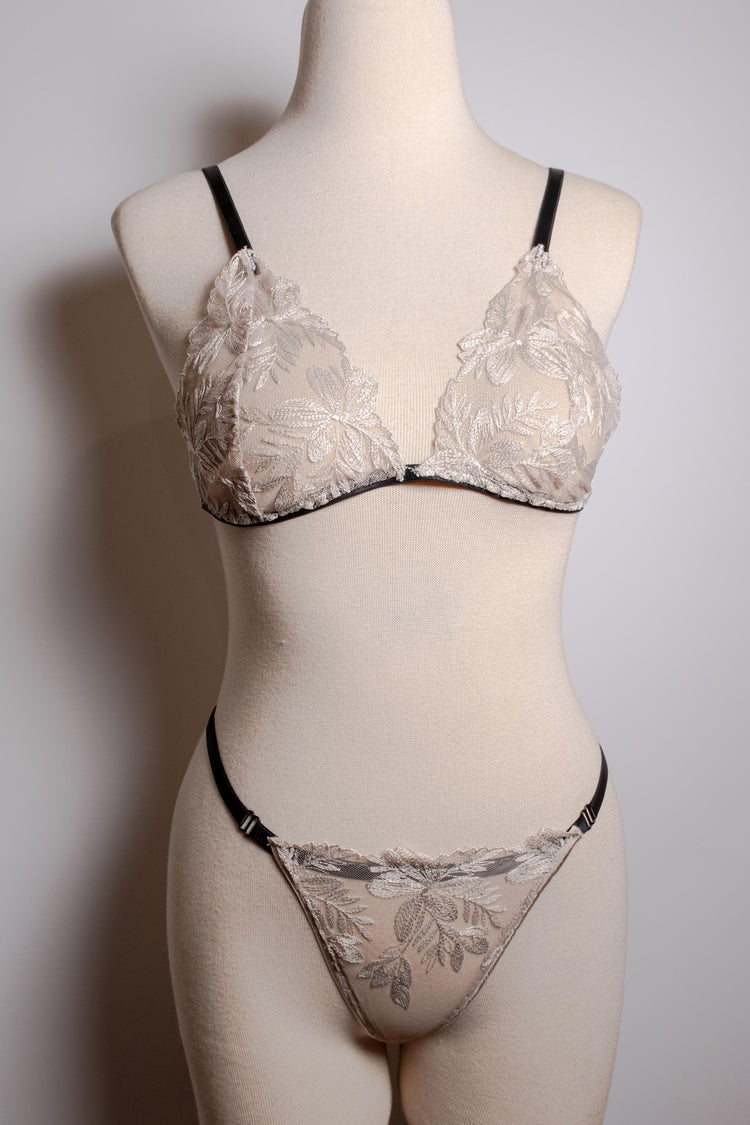 Handmade in İstanbul Ivory Floral Lace Lingerie Set, Handmade Sheer Bra and Thong