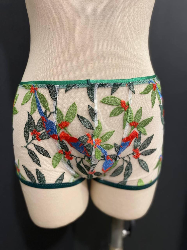 Embroidered Mesh Men’s Boxer Brief | Luxury Sheer Underwear with Bird Embroidery | Handmade Designer Lingerie | Unique Gift
