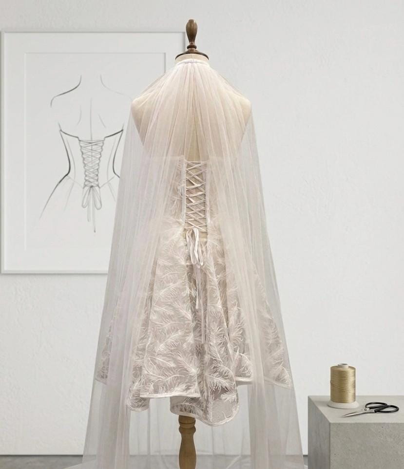 Feather Embroidered Corset Mini Wedding Dress, Strapless Bridal Gown, Elopement Reception Dress