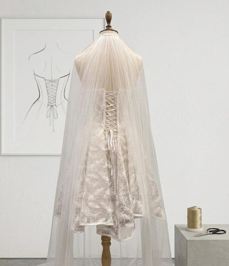 Feather Embroidered Corset Mini Wedding Dress, Strapless Bridal Gown, Elopement Reception Dress