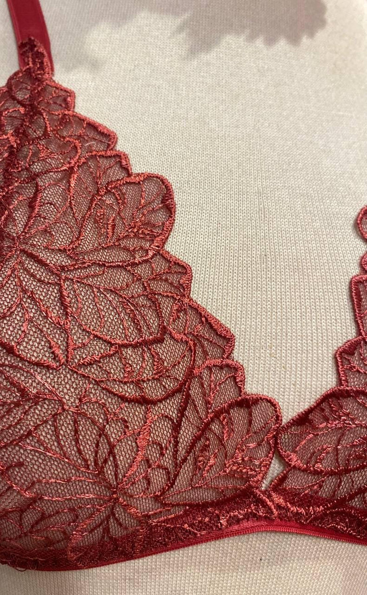 Handmade in Istanbul - Burgundy Embroidered Lace Lingerie Set – Sheer Bralette & Adjustable Thong