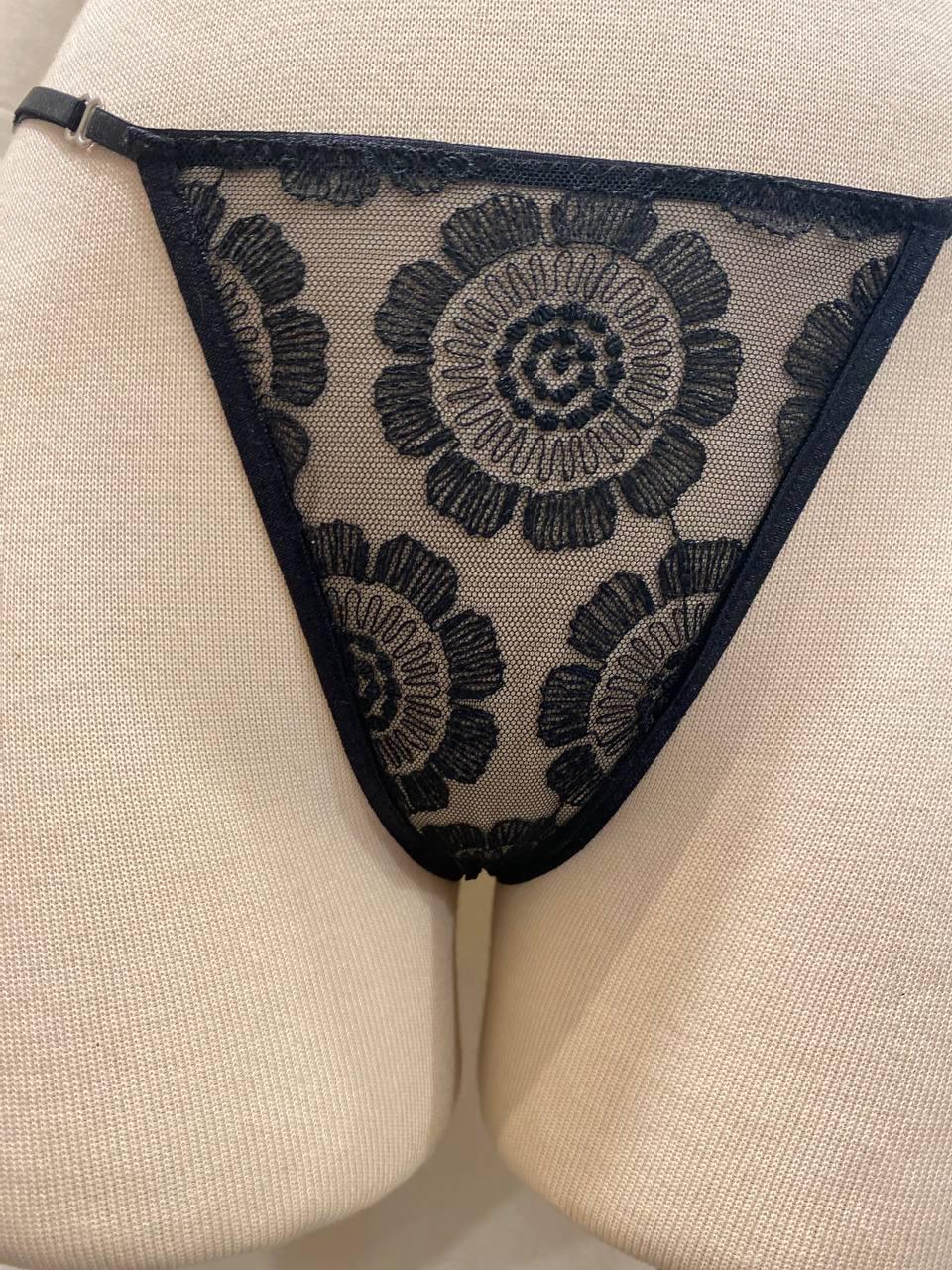 Handmade in İstanbul Black Sheer Floral Embroidered Thong