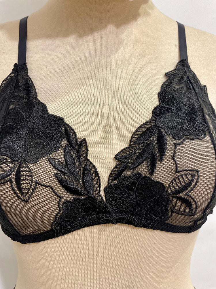 Handmade in Istanbul - Sheer Mesh Bra & Thong - Handmade Black Rose Embroidered Lingerie Set