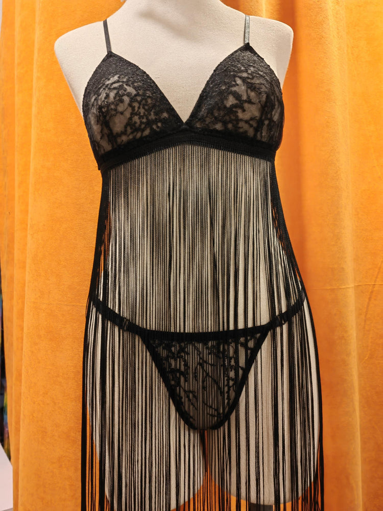 Handmade in İstanbul Black Fringe Lace Lingerie Set – Handmade Sheer Babydoll with Embroidered Details