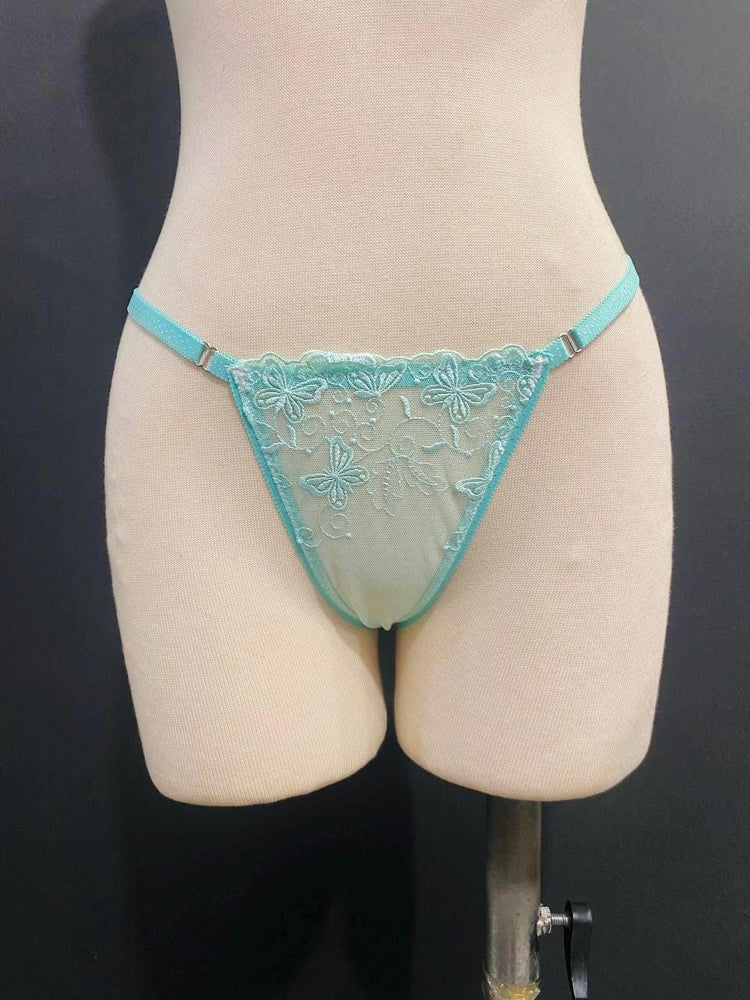 Aqua Blue Butterfly Lace Lingerie Set, Sheer Bralette Thong, Handmade Bridal Boudoir