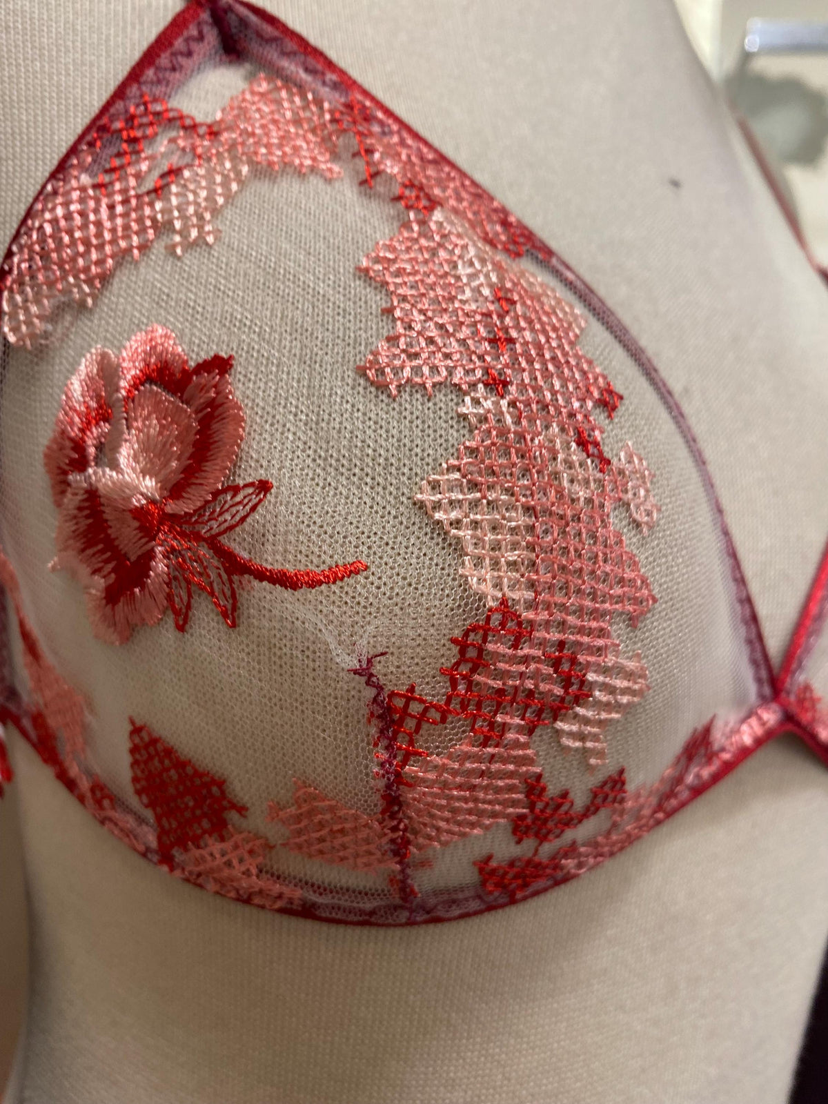 Red Sheer Lingerie Set, Embroidered Mesh Bralette, Bridal Lingerie Set