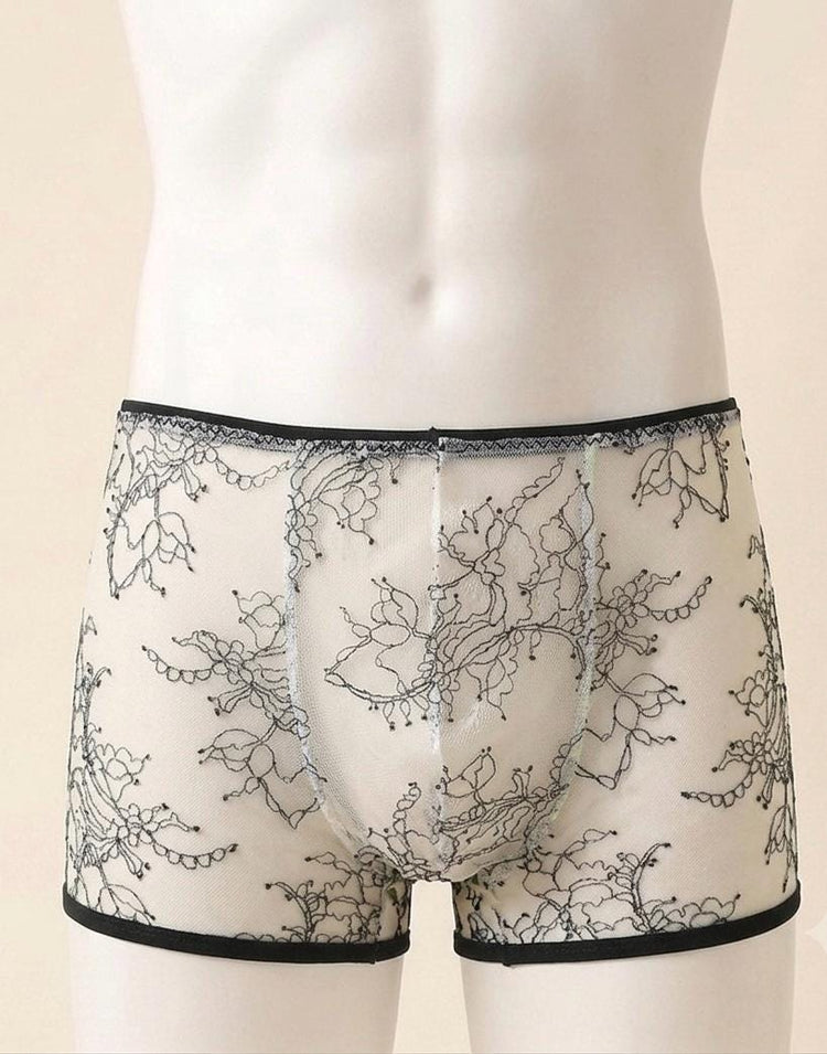 French Lace Men’s Boxer Brief | Luxury Sheer Mesh Underwear | Handmade Designer Lingerie | Transparent Lace Boxer | Gift for Him