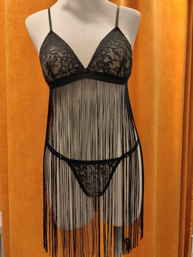 Handmade in İstanbul Black Fringe Lace Lingerie Set – Handmade Sheer Babydoll with Embroidered Details