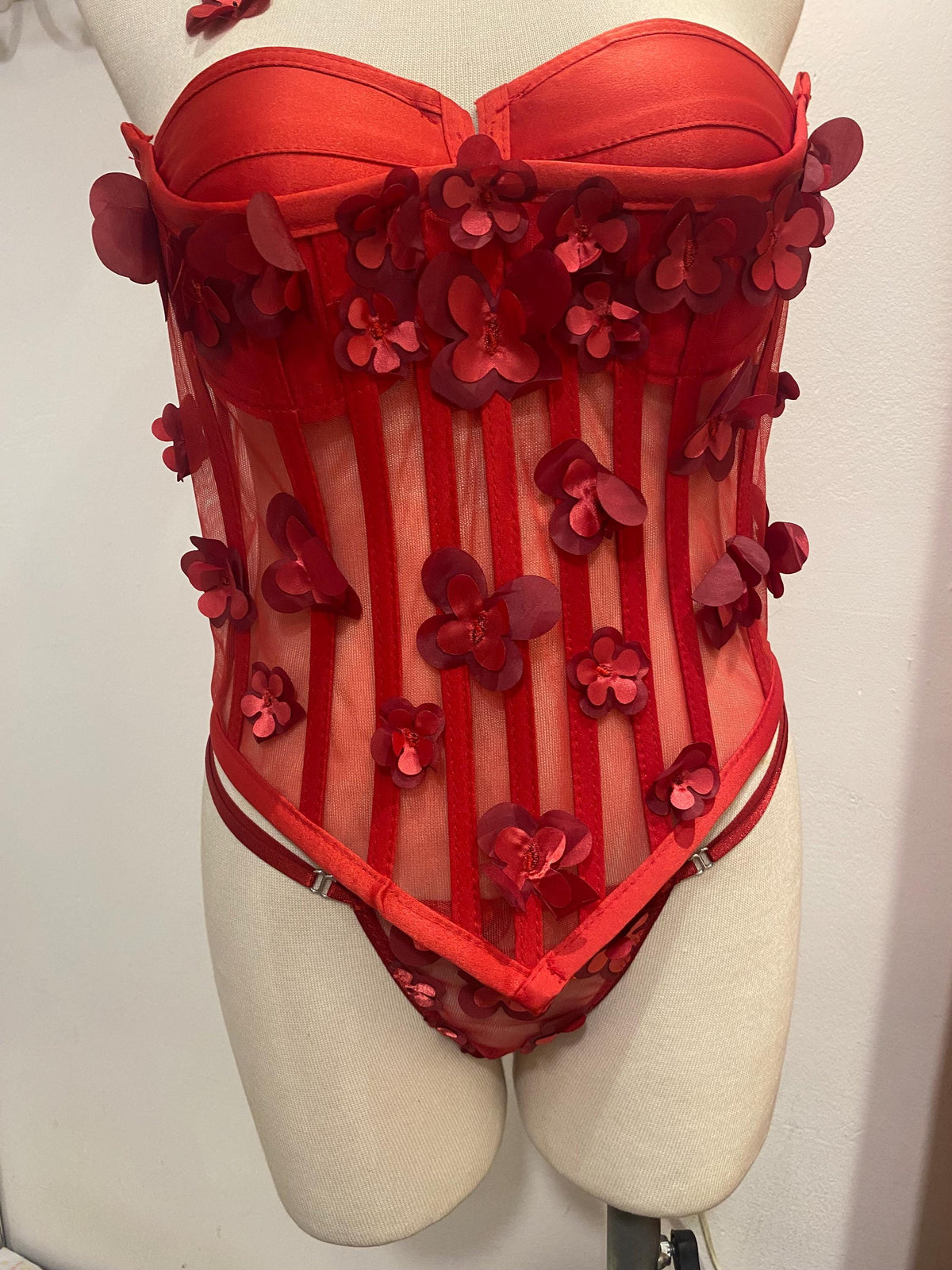 Red 3D Floral Corset Lingerie Set • Mesh Bustier with Appliqué Flowers • Christmas Gift for Her • Sexy Holiday Outfit