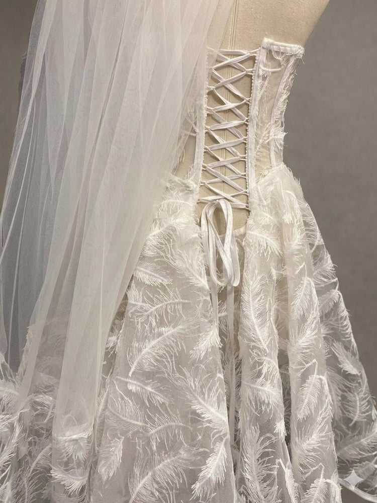 Feather Embroidered Corset Mini Wedding Dress, Strapless Bridal Gown, Elopement Reception Dress