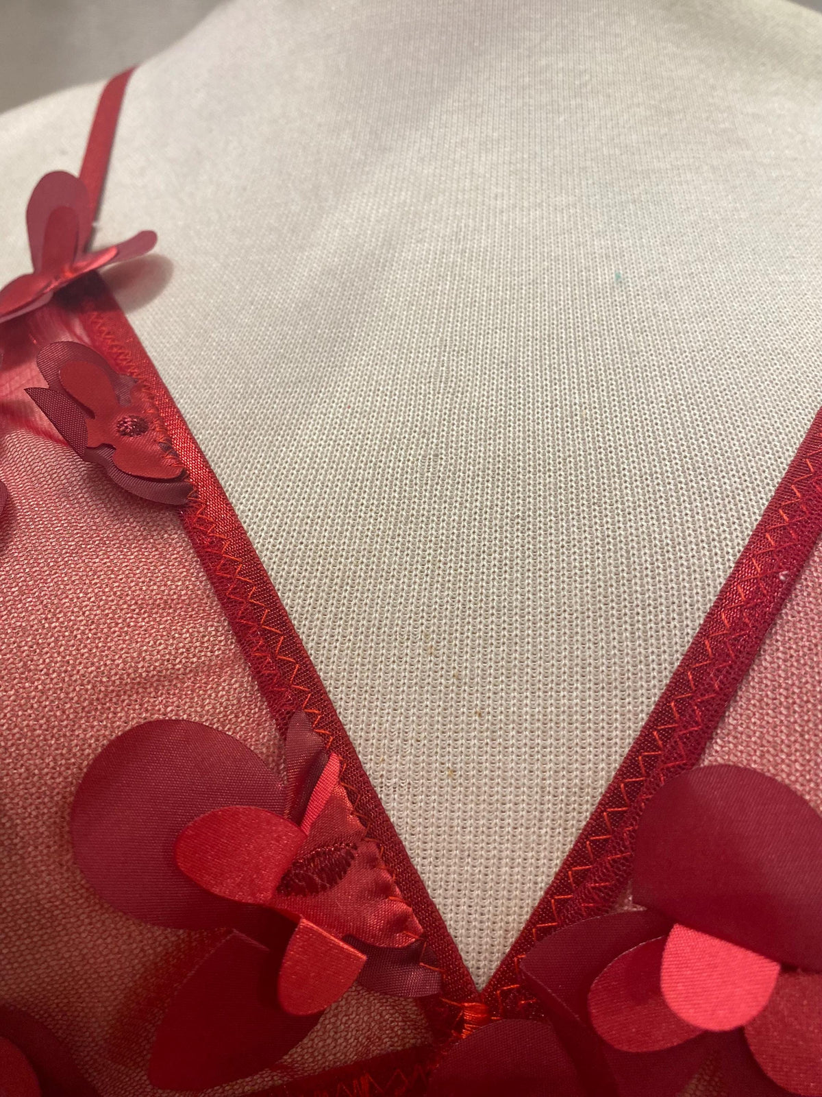 Handmade in İstanbul Red Sheer Babydoll Lingerie – Floral Applique Mesh Nightdress