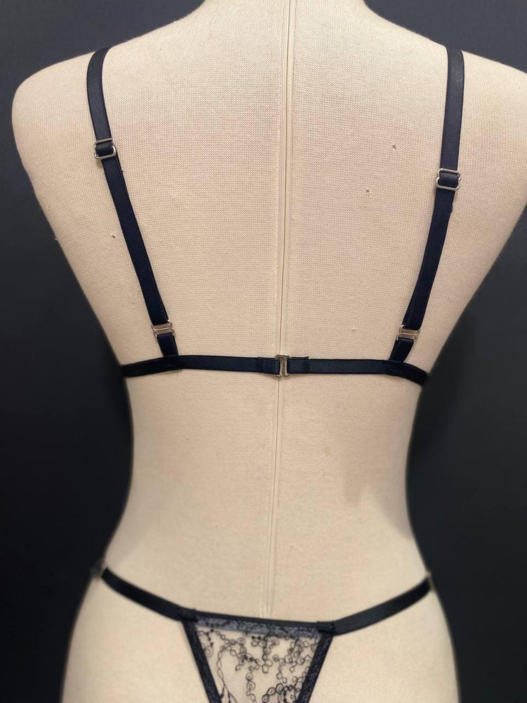 Handmade in Istanbul - Black Botanical Embroidery Lingerie Set, Sheer White Tattoo Lace Bralette Thong (Made to Order)