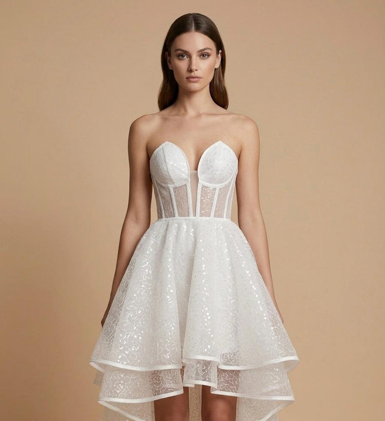 Handmade in İstanbul Convertible Sequin Tulle Wedding Dress, Corset Mini Bridal Outfit