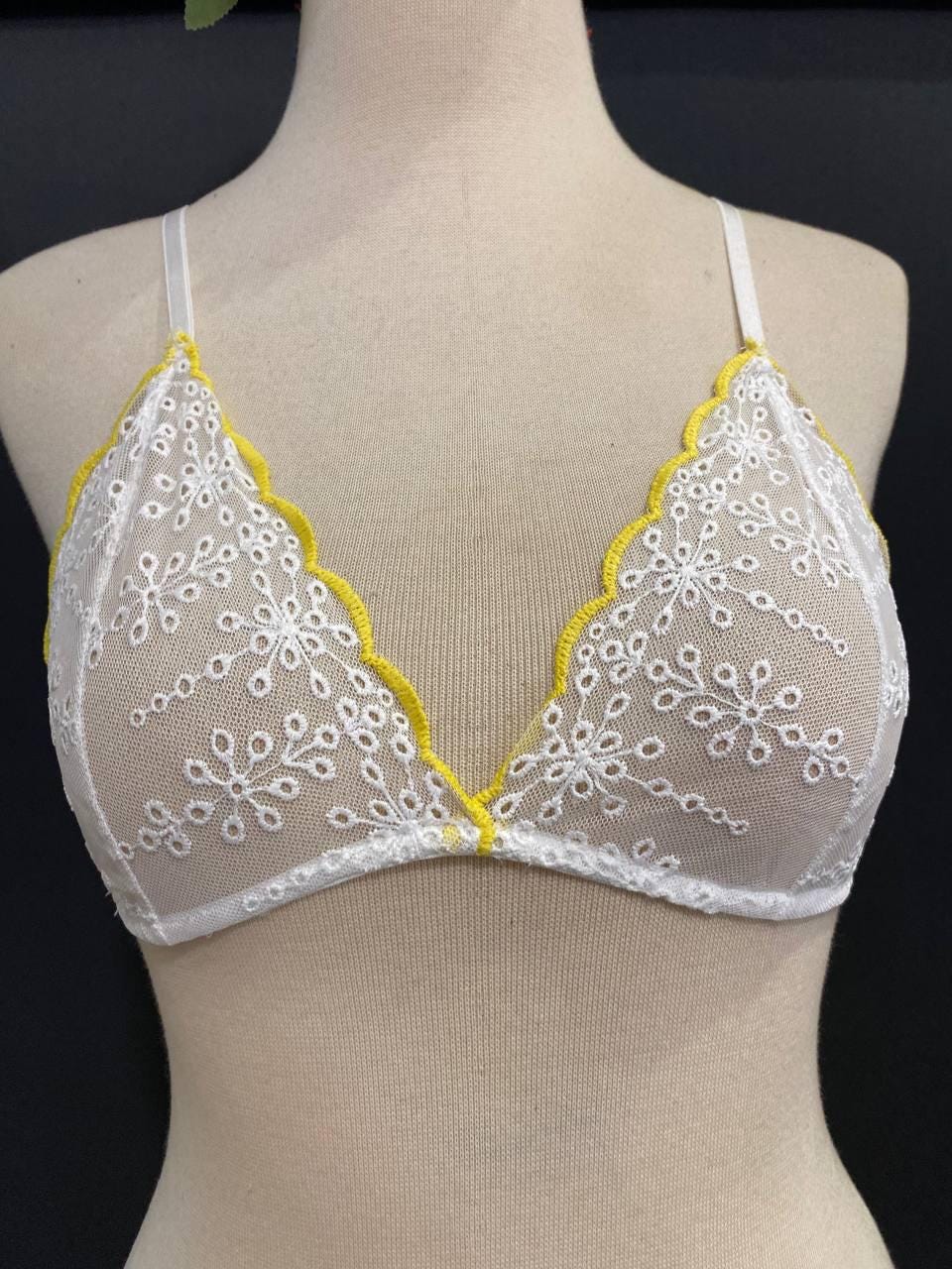 White Floral Lace Bralette, Handmade Soft Triangle Bra