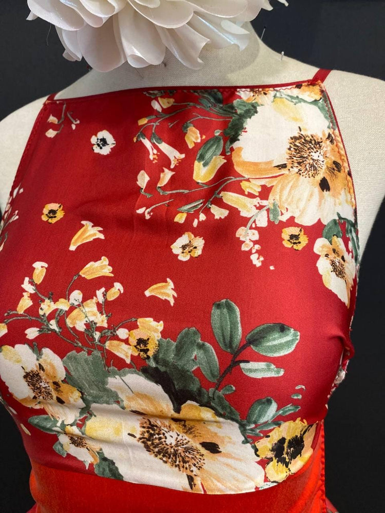 Red Floral Cupro Halter Mini Dress, Open Back, Adjustable Straps