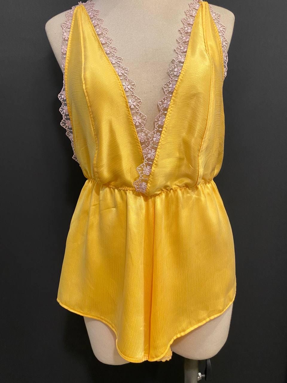Yellow Cupro Satin Romper with Floral Lace | Handmade Luxury Sleepwear