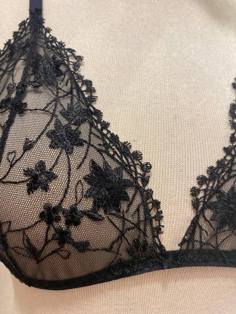 Handmade Black Floral Lace Lingerie Set,Sheer Triangle Bra and Thong