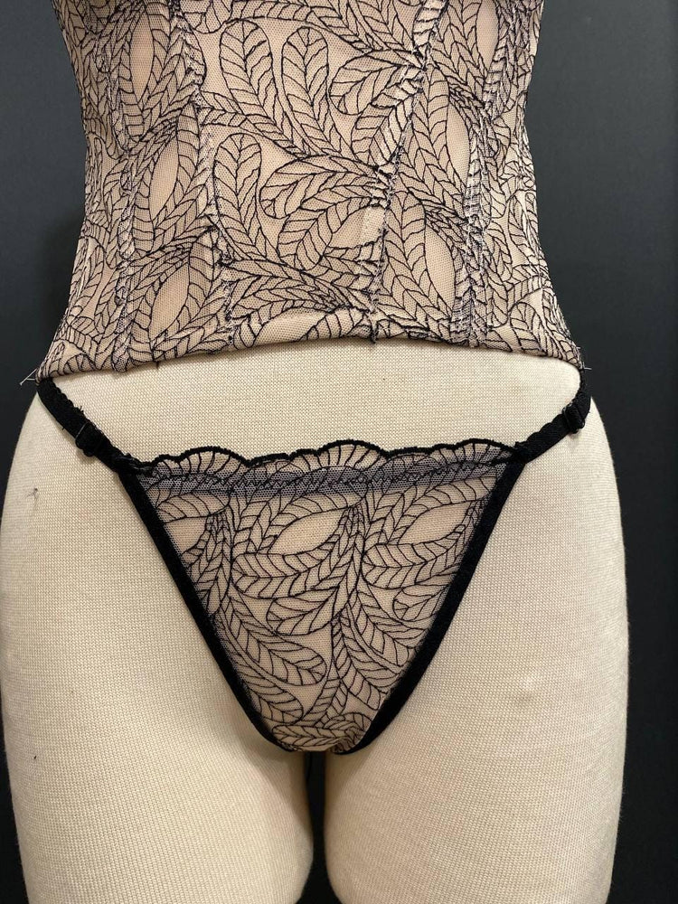 Embroidered Leaf Corset Top with Matching Panty | Nude Mesh Bustier Set | Black Botanical Lace Bodice | Fairycore Gothic Lingerie
